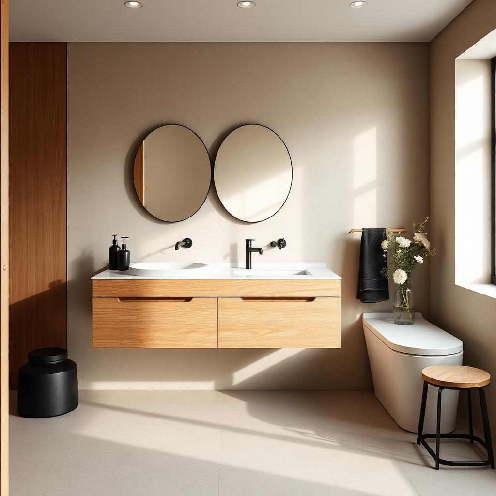 Floating oak vanity with round mirrors