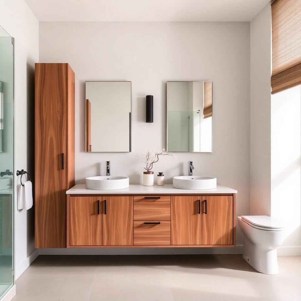 Double walnut vanity with tall storage tower