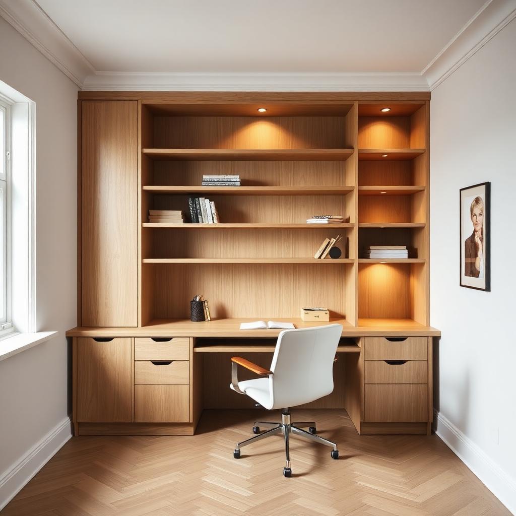 Home office with oak shelving and drawers