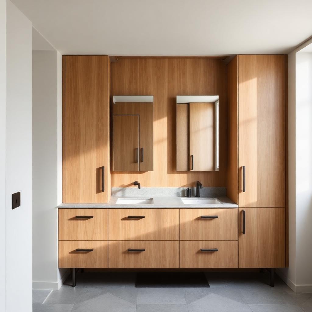 Warm oak bathroom cabinetry with black hardware
